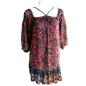 Aqua Black Red Floral Paisley Boho Ruffle Dress Size Small